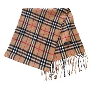 Burberrys of London Vintage Tan Plaid 100% Wool Scarf with Red and Black Accents